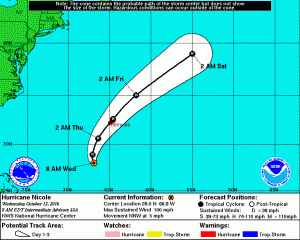 National Hurricane Center forecast track for Hurricane Nicole.