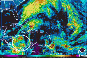 Current color enhanced weather satellite image shows area of concern within white circle.
