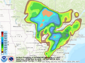 Probability of 1" or more of snow from Saturday morning through Sunday morning. Source: NOAA/NWS
