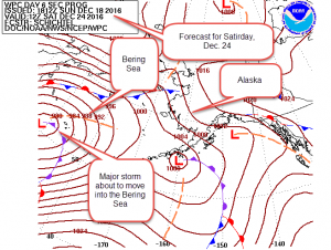 Forecast for Saturday December 24 showing another major storm to affect the Bering Sea. Courtesy of the WPC (Weather Prediction Center, a branch of NOAA)
