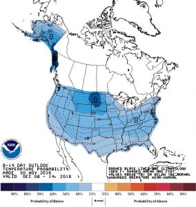 For the first time since 2013, the National Weather Service's Climate Prediction Center 8-14 day outlook shows much of Alaska and the Lower 48 covered in blue to illustrate below to much below normal temperatures expected over the forecast period.