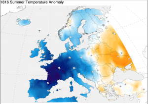 NOAA archives map showcase western Europe’s average temperature departures over the summer of 1816 which was impacted by volcanic activity. Image: NOAA
