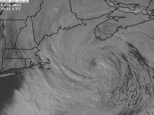 A satellite image of a winter storm off the New England on February 9, 2013. Notice the "eye" like structure more typically thought of being associated with a hurricane.
