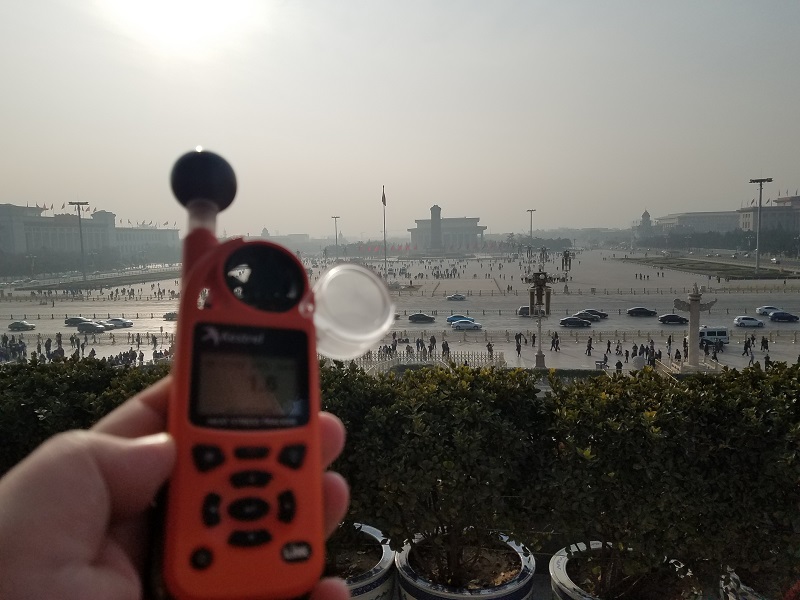 Lack of wind is one reason for the pollution build-up; here, our anemometer shows only a 1.5mph wind blowing through Beijing's Tiananmen Square. Photo: Weatherboy