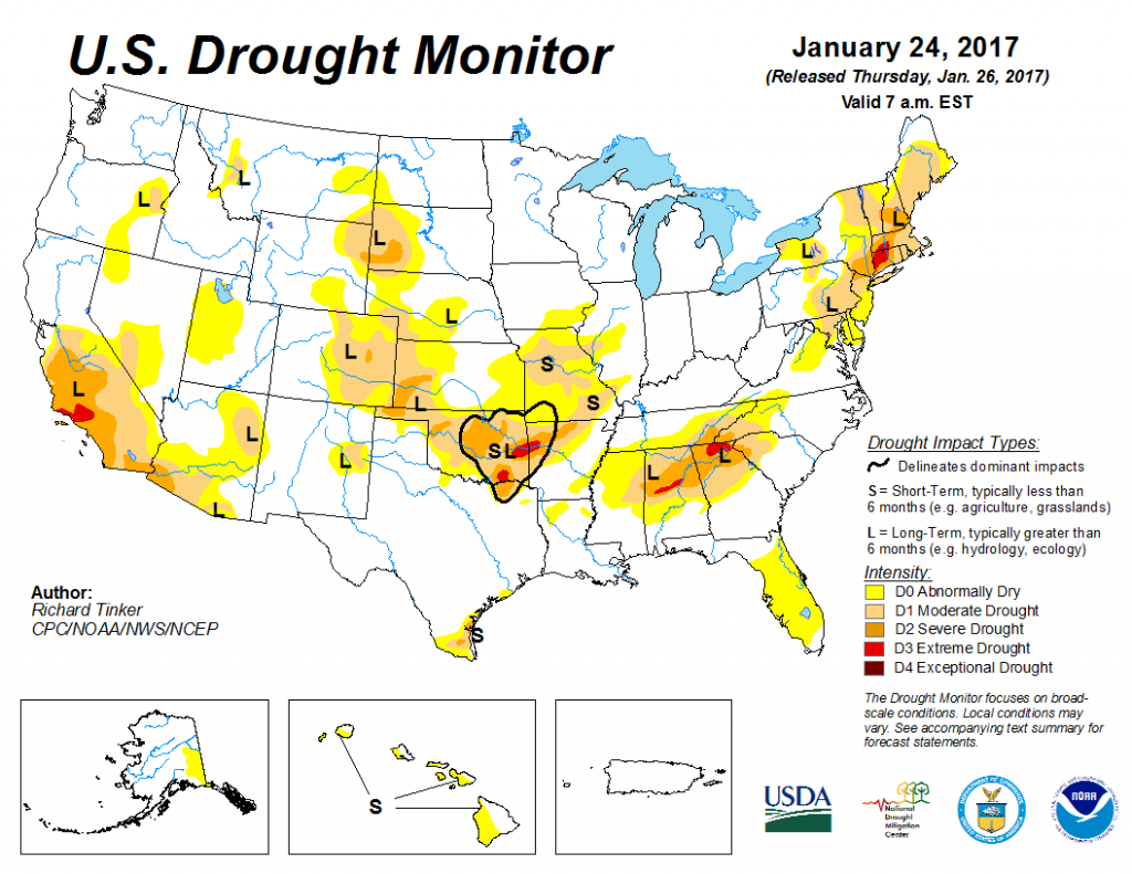 Current U.S. Drought Monitor map shows lingering severe drought, but substantial improvement since the fall. The U.S. Drought Monitor report and map is produced through a partnership between the National Drought Mitigation Center at the University of Nebraska-Lincoln, the United States Department of Agriculture, and the National Oceanic and Atmospheric Administration.