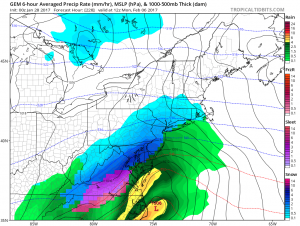This is an illustration from one computer model that shows a snowstorm coming up the Mid Atlantic coast next weekend. However, this and other models have flip-flopped on this potential scenario, putting such a forecast in significant doubt. Image: TropicalTidbits.com