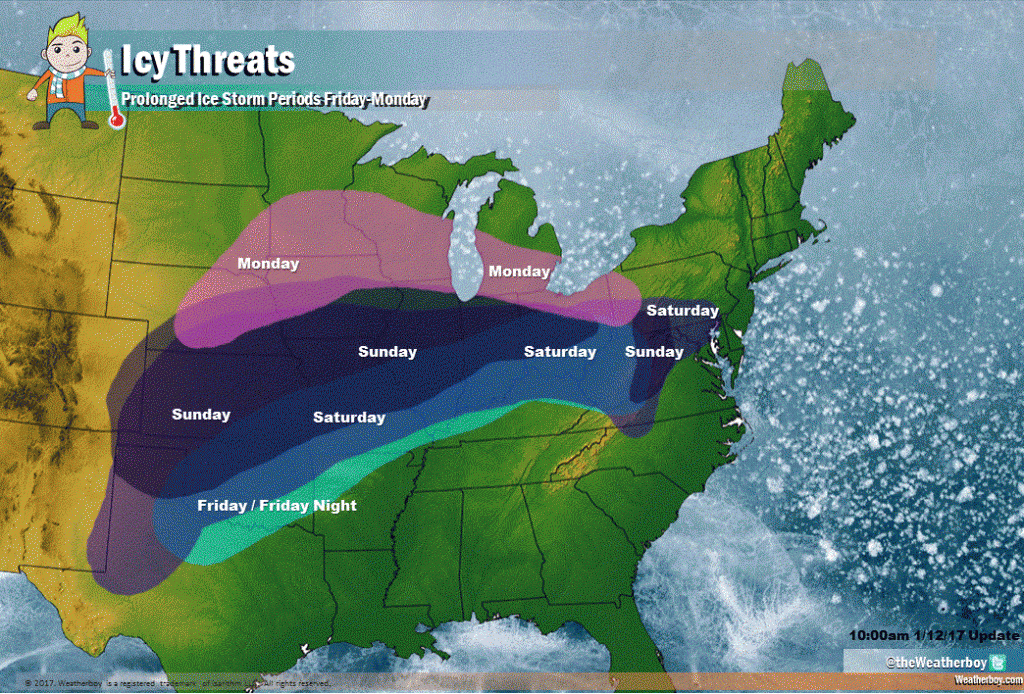 Multiple icy threats exist over the next several day, with many subsequent threats layered on top of a previous one. The Friday/Friday night event (light blue) stretches from Texas into West Virginia. The Saturday event, in darker blue, includes the northern half of the Friday event and expands it north and as far east as southeastern Pennsylvania and northeastern Maryland. The Sunday event (even darker blue) trims back to the Shenendoah Ridge in the Mid Atlantic, and includes and expands north from Saturday's ice event in the midwest. On Monday, the pink region shows how far north the ice event shifts into the northern midwest and Great Lakes region. Anyone in any shaded area should be prepared for freezing rain and freezing drizzle and extremely dangerous travel conditions over the next few days.