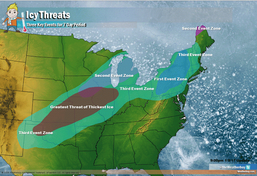 There are three icy threats to track; the first is over upstate New York, central and northeastern Pennsylvania, and extreme northwest New Jersey. The second stretches from central Iowa through Michigan; it stretches to northern Maine. The third and largest threat encompasses most of the first and second zones and stretches from Texas to the Great Lakes and into the I-95 corridor near Philadelphia. The greatest threat of the thickest amount of ice is in the darkest shaded area from Texas to Illinois.