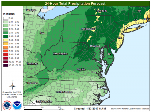 Forecast rainfall across the Mid Atlantic for the next 24 hours.