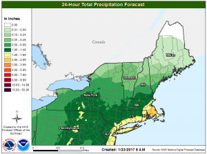 Forecast rainfall across the Northeast for the next 24 hours.