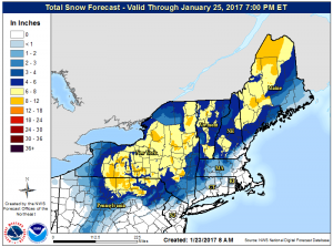 Latest snowfall forecast from the National Weather Service through 7pm Wednesday shows heaviest snowfall well north and west of the I-95 cities.