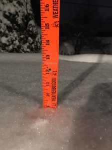Matthew Schnekenburger reported 9" of snow in East Meadow, NY as of 10:20 pm on January 7. He sent us this photograph of his snow measuring stick in that snowstorm; Weatherboy in turn relayed the measurement onto the National Weather Service office responsible for that forecast area.