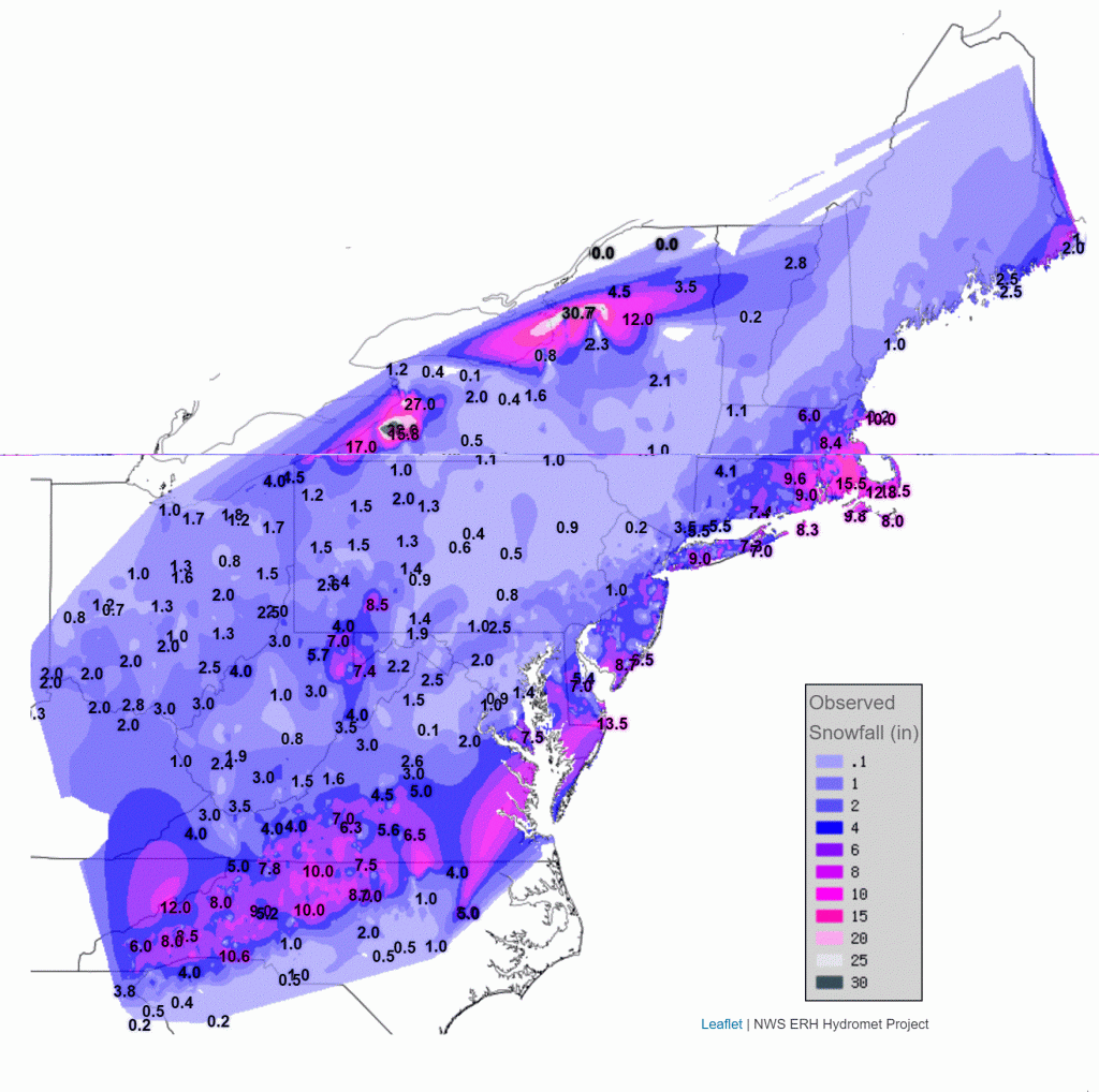 Reported snow totals for the event ending January 8, 2017. Source: National Weather Service