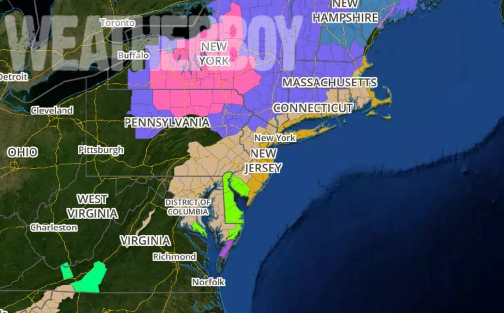 A variety of warnings and advisories are in effect as a potent storm moves up the US east coast. They include High Wind Warnings (Orange), Wind Advisories (Beige), Coastal Flood Advisories (bright green), Winter Weather Advisories (purple), Winter Storm Warnings (pink), and Winter Storm Watches (blue.). and Storm Warnings (bright pink in portions of eastern Virginia.)