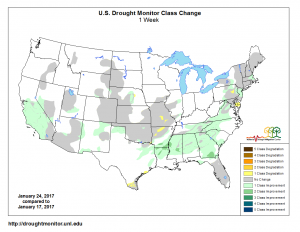 Since the last week, many areas shown in green have improved their drought conditions. A few tiny areas, shown in yellow/orange, have worsened over the last week. Source: US Drought Monitor.