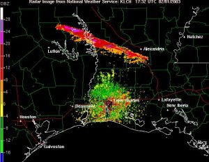 National Weather Service NEXRAD weather RADAR picks-up returns from space shuttle debris on February 1, 2003.