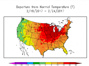 Map shows incredible warmth over a one week period during February 2017. Image Credit: High Plains Regional Climate Center