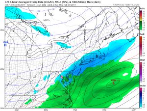 This afternoon's run of the GFS (American) model suggests snow will impact portions of the Mid Atlantic and Northeast Coast on Thursday. Image: TropicalTidbits.com