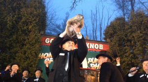 Punxsutawney Phil stands before the crowd at Gobbler's Knob in Pennsylvania. Photo: Groundhog.Org