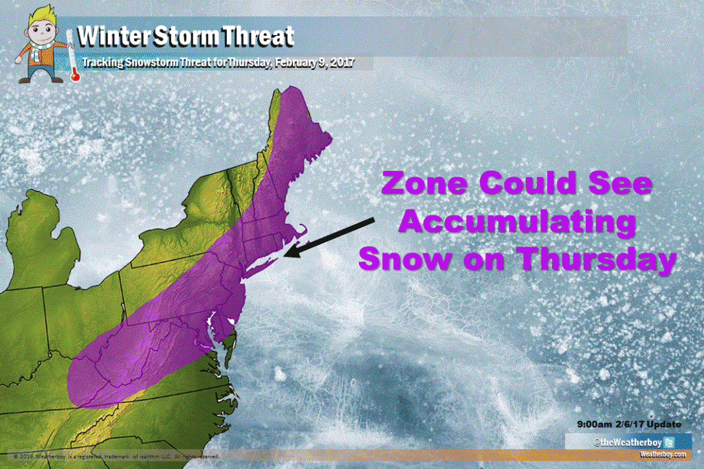 Zone in purple could see accumulating snow on Thursday even after unusual warmth on Wednesday.