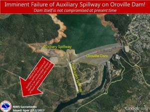 Illustration by the Sacramento office of the National Weather Service illustrates the area around the Oroville Dam that could fail.