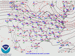 A 500 millibar analysis courtesy of NOAA showing a flat-ridge over the Rocky Mountains.