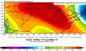 BSR forecasting tool shows a ridge over the middle of the country while New England is susceptible to back door cold fronts Credit: OrganicForecasting.com