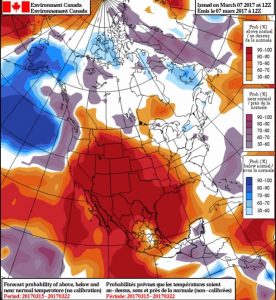 Canadian government forecast for probability of temperature anomalies between the 15th and 22nd of March. Credit: Environment Canada