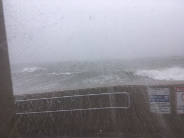 Short Beach;  50 mph winds blasting in from the east into heavy snow on the sea wall.  Photo: Weatherboy