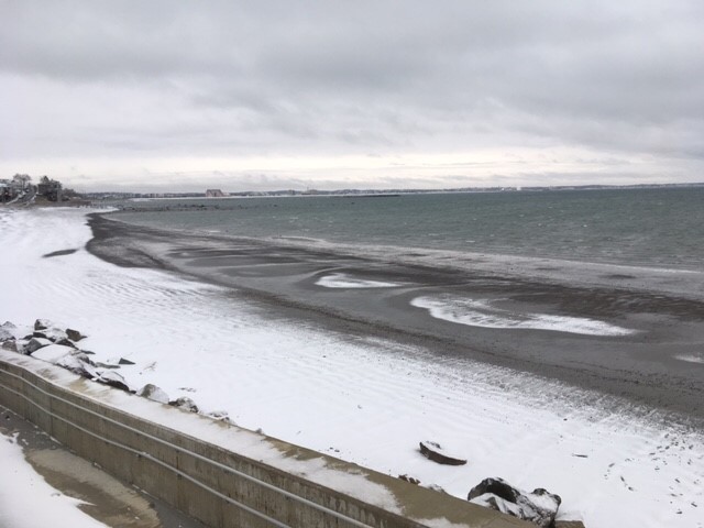 Blizzard Morning: Top of sea wall looking north towards Revere at Short Beach.  Photo: Weatherboy