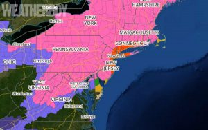 Blizzard Warnings (red), Winter Storm Warnings (pink), and Winter Weather Advisories (purple) are up for a large, heavily populated region.