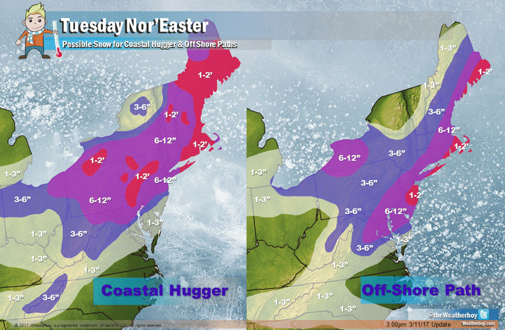 A potent storm system will impact the northeast. The storm may hug the coast or may head more off-shore; each possibility brings major changes to possible snowfall amounts. It is still too soon to say how this storm will evolve as it moves towards the northeast on Tuesday.