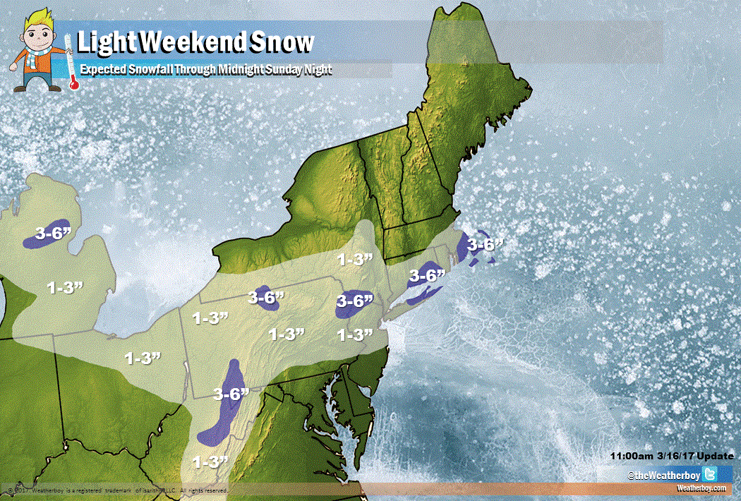 A wide area of light snow is forecast to fall across portions of the northern Mid Atlantic and southern New England by the time this weekend wraps up.