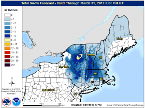 This snowfall forecast graphic from the National Weather Service shows where several inches of snow could fall before March ends. 