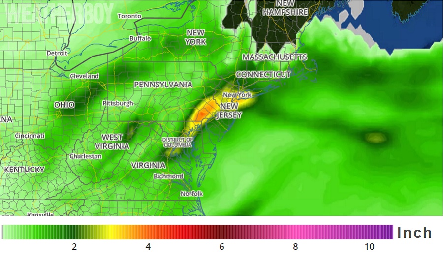 Heavy rain is expected to fall today over portions of New York, New Jersey, Pennsylvania, Connecticut, Virginia, Delaware, and Maryland. More maps at weatherboy.com.
