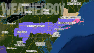 Winter Weather Advisories (purple) and Winter Storm Warnings (pink) have been issued by the National Weather Service for Friday's system.