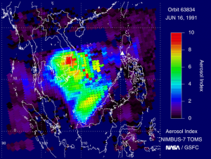 This image illustrates the the amount of particles released into the atmosphere during the June 1991 eruption in the Philippines. Image: NOAA