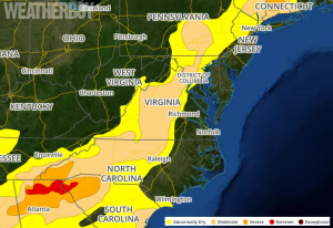 The latest Drought Monitor Map shows extremely dry conditions over northern Georgia, southwestern North Carolina, and northwestern South Carolina. This week's weather system will help but not solve drought problems there and elsewhere along the US east coast. Map: Weatherboy.com