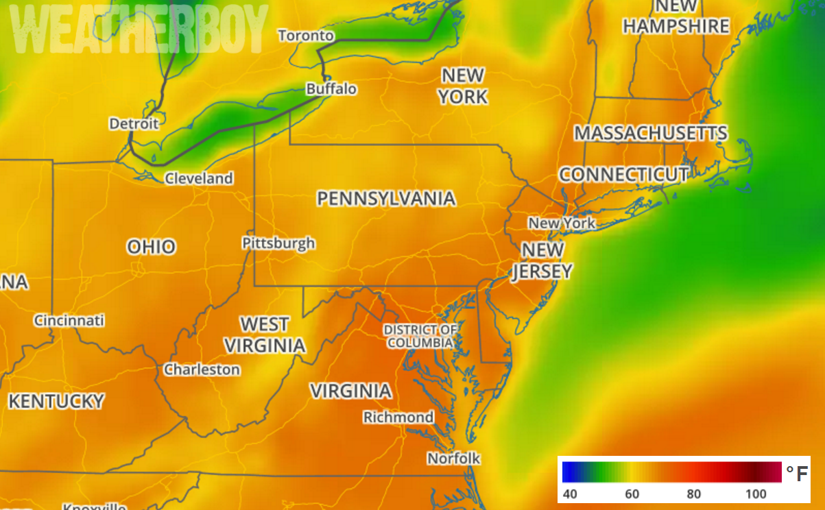 Warm temperatures are expected on Sunday, April 16; oranges reflect temperatures near 80 degrees. Image: Weatherboy