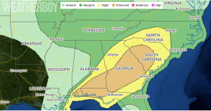 The National Weather Service's Storm Prediction Center has the greatest threat for severe weather on Monday over western Florida, southern Alabama, central Georgia, and southern South Carolina. Image: Weatherboy.com