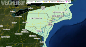 The National Weather Service's Storm Prediction Center has the greatest threat for severe weather on Tuesday over portions of the Mid Atlantic and southern New England. The threat for severe weather on Tuesday is far less than it is on Monday. Image: Weatherboy.com