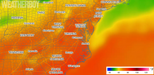 Temperatures in the 90s and 80s will stretch up the eastern United States once a slow-moving low pressure system departs.  Image: Weatherboy.com