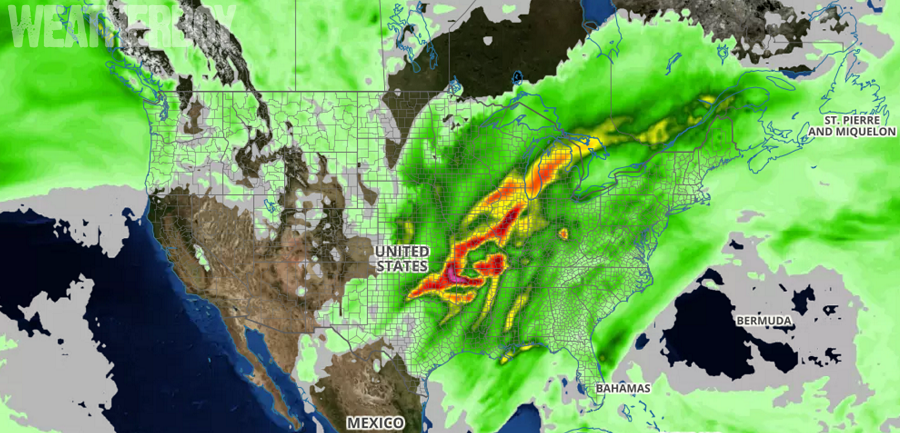 Extremely heavy rain fall is expected over the next 72 hours; red areas show amounts greater than 4" expected. Map: Weatherboy.com