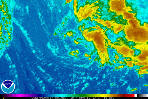 Subtropical Depression #1 appears as a swirl of clouds on this color-enhanced satellite image. Image: NOAA