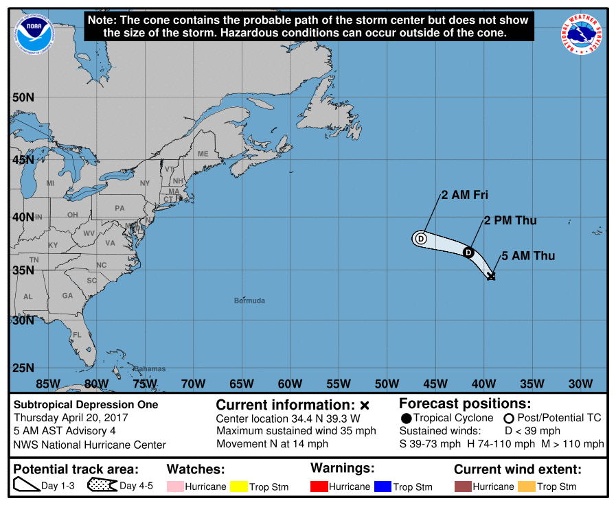 Latest Forecast Cone from the National Hurricane Center for Subtropical Depression One.