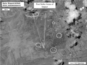 Battle damage assessment image of Shayrat Airfield, Syria, is seen in this DigitalGlobe satellite image, released by the Pentagon following U.S. Tomahawk Land Attack Missile strikes from Arleigh Burke-class guided-missile destroyers, the USS Ross and USS Porter on April 7, 2017. DigitalGlobe/Courtesy U.S. Department of Defense/Handout via REUTERS ATTENTION EDITORS - THIS IMAGE WAS PROVIDED BY A THIRD PARTY. EDITORIAL USE ONLY. NO RESALES. NO ARCHIVE. MANDATORY CREDIT.