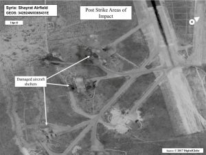 Battle damage assessment image of Shayrat Airfield, Syria, is seen in this DigitalGlobe satellite image, released by the Pentagon following U.S. Tomahawk Land Attack Missile strikes from Arleigh Burke-class guided-missile destroyers, the USS Ross and USS Porter on April 7, 2017. DigitalGlobe/Courtesy U.S. Department of Defense/Handout via REUTERS ATTENTION EDITORS - THIS IMAGE WAS PROVIDED BY A THIRD PARTY. EDITORIAL USE ONLY. NO RESALES. NO ARCHIVE. MANDATORY CREDIT.