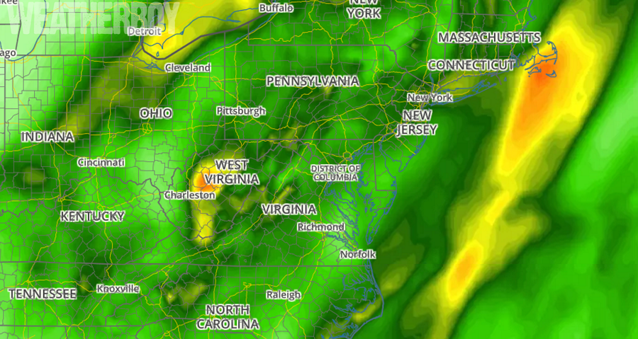 Heavy precipitation will drench portions of the east coast over the next 72 hours. Dark green represents 2" rain while orange reflects 3".  Map: Weatherboy.com