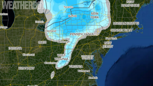 There will be scattered snow shower activity in the northeast this weekend. While snowflakes may be seen in places like northern New Jersey, accumulations will be restricted to the higher terrain of Pennsylvania, New York, and nearby places. Even so, accumulations will be light; gray represents a trace while shades of light blue represent 1-3".