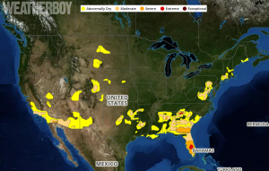 Latest Drought Monitor Map shows dry conditions worst over southeastern US; significant improvement elsewhere in the country. Map: Weatherboy.com